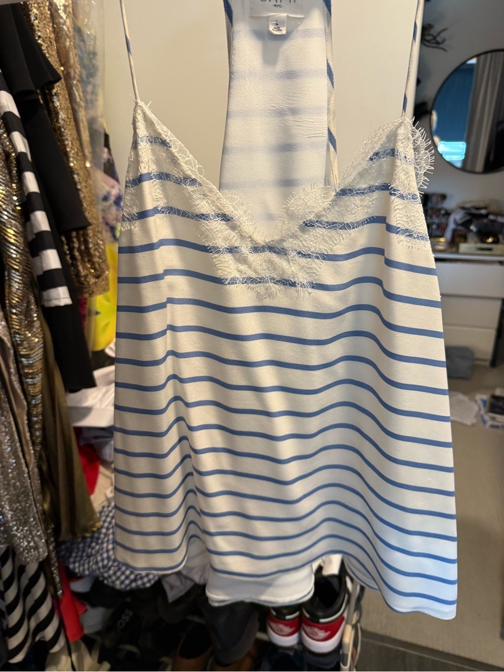 Cami NYC White and Light Blue Striped Lace-Trim Camisole